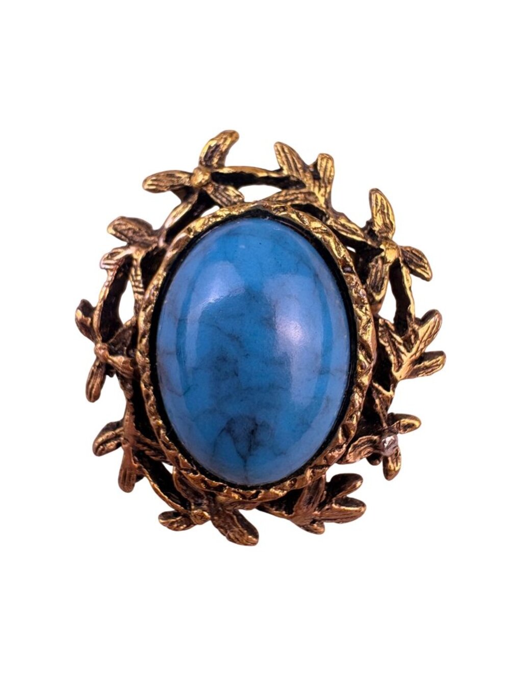 Vintage Gold Tone Blue Synthetic Stone Cabochon Brooch Pin Leaf Design
